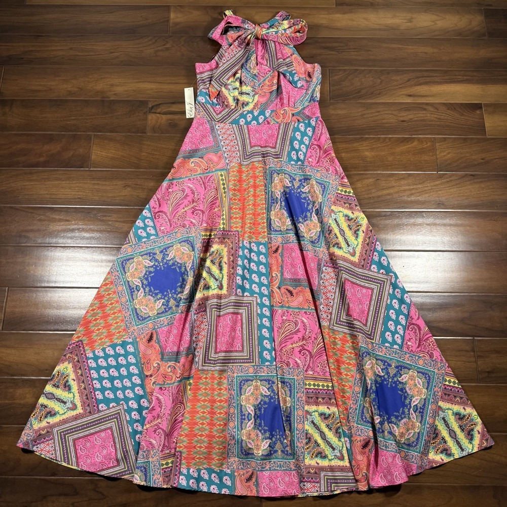 Eliza J Women's Size 12 Paisley Patchwork Print Tie Back Halter Neck‎ Maxi Dress - Picture 7 of 11